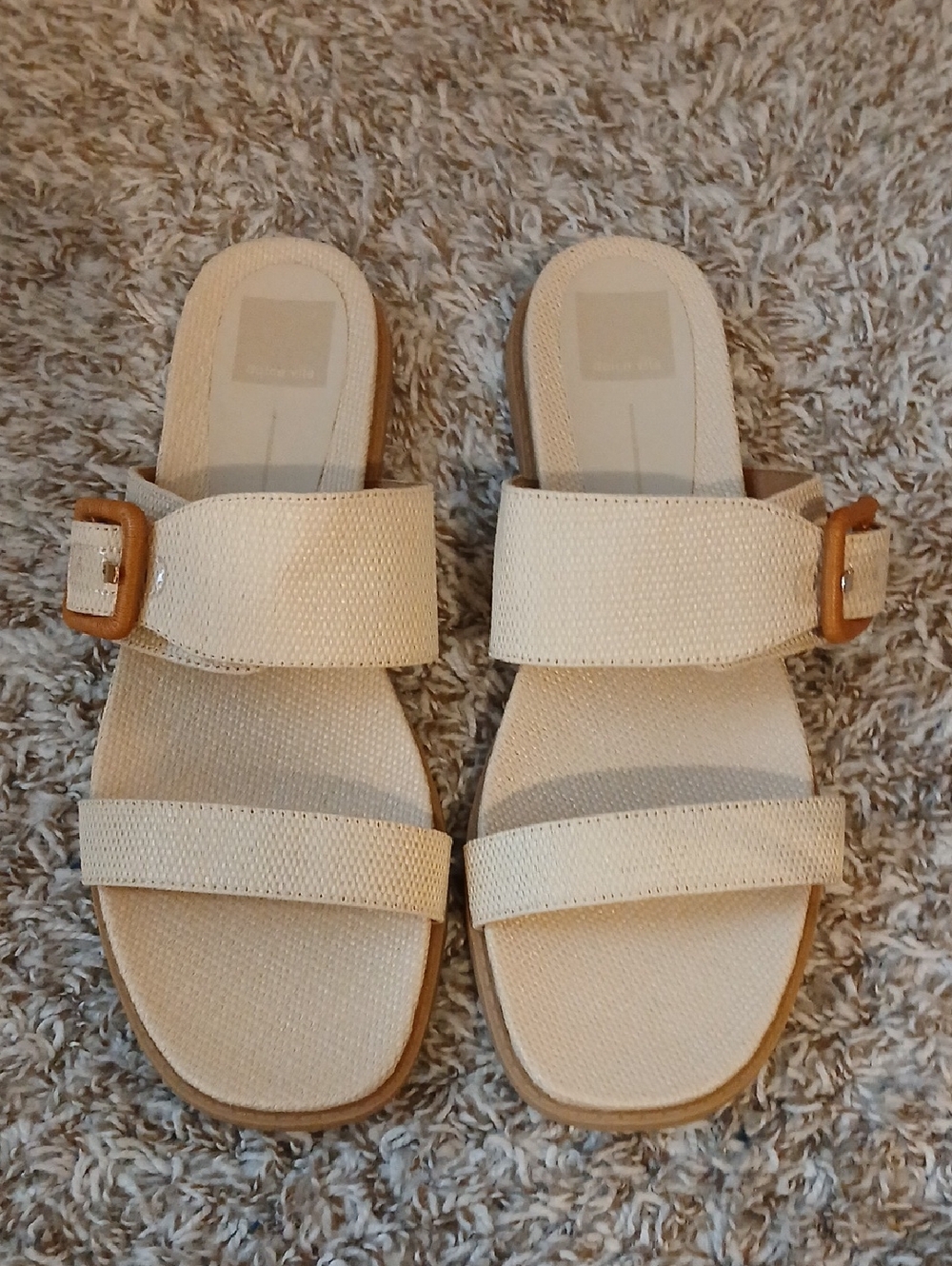 Dolce Vita Gilete Cream Canvas Double-Strap Slide Sandals with Tan Buckle Euc 10